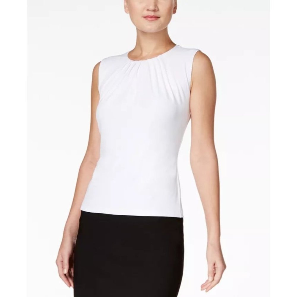 EUC Calvin Klein Women's Pleat Neck Sleeveless White Blouse Comfy Top Size 14